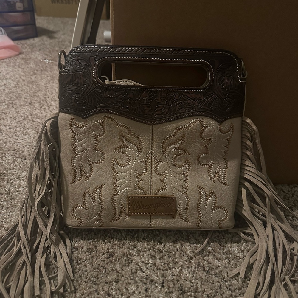 Wrangler Cream and Brown Embroidered Fringe Clutch